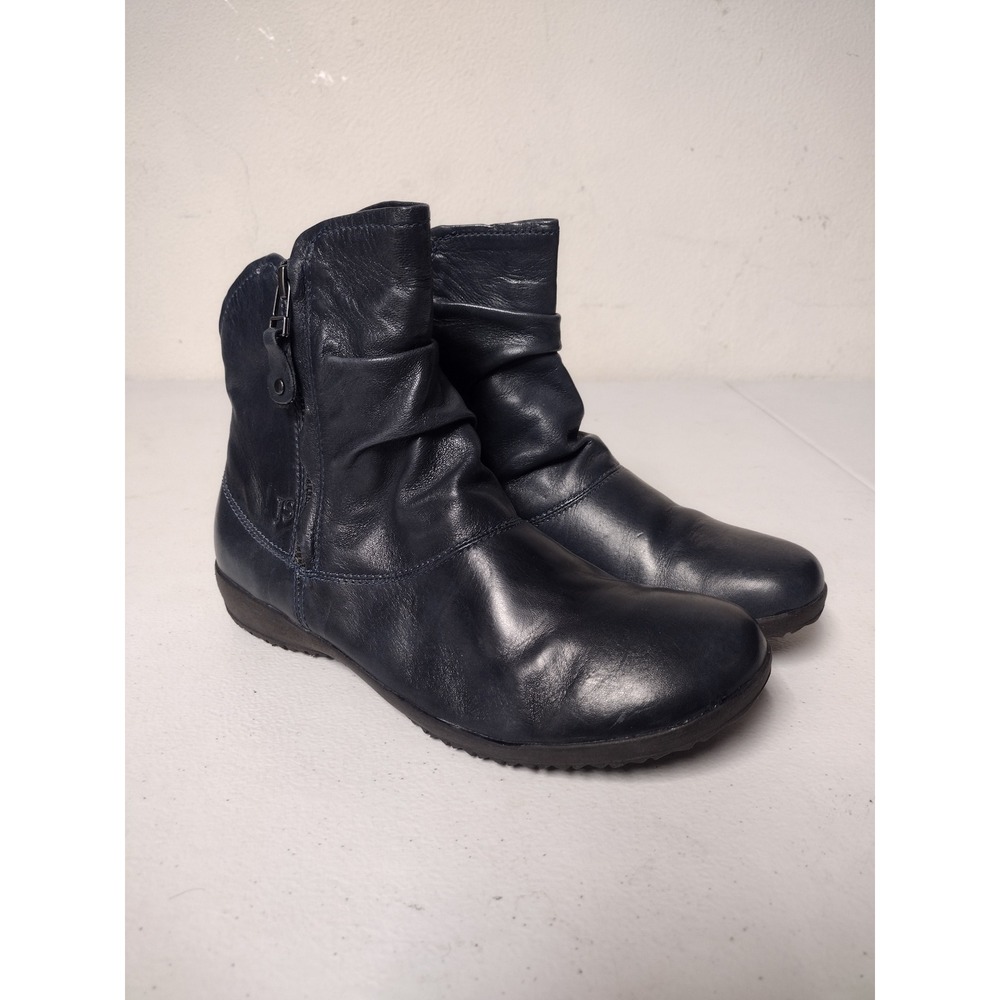 Josef Seibel Navy Blue‎ Leather Ruched Ankle Boots Faux Fur Lined EU 37